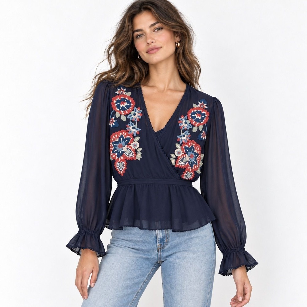 Cleobella Brooke Embroidered Wrap Blouse Midnight Blue NWT M CRCFA1836